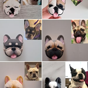 May include: A collection of six handmade French Bulldog head ornaments, each featuring distinct coat colors including fawn, brindle, and pied patterns. Each ornament displays a smiling expression with a pink tongue and upright ears. Text reads OHOO.