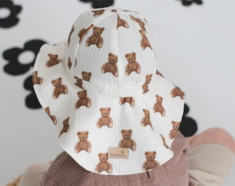 Muslin Baby, toddler SUN HAT - double gauze - Teddy Bears  (rolled size)/ bucket summer hat