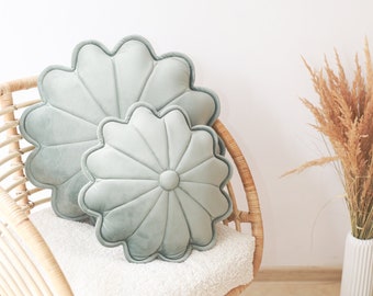 Velvet daisy pillow - mint /  2  size, oval pillow, sofa cushion, flower pillow, home accessories