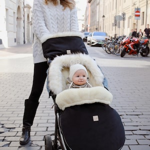 Kinderwagen Fußsack - SCHAFWOLLE - schwarz, Samt Kinderwagen Fußsack, universelle Kinderwagenzubehör, Kinderwagenzubehör, Kinderwagenwärmer