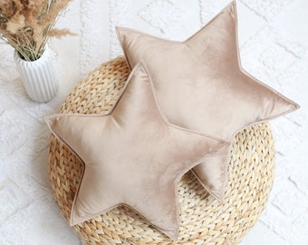Velvet star pillow beige/light brown, star cushion, pillow to kids room, home decoration| custom pillow