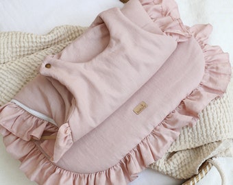 linen baby sleeping  bag with  frills - powder pink - baby sleeping sack 1 TOG, 1,5 TOG, 2,5 TOG summer sleeping bag