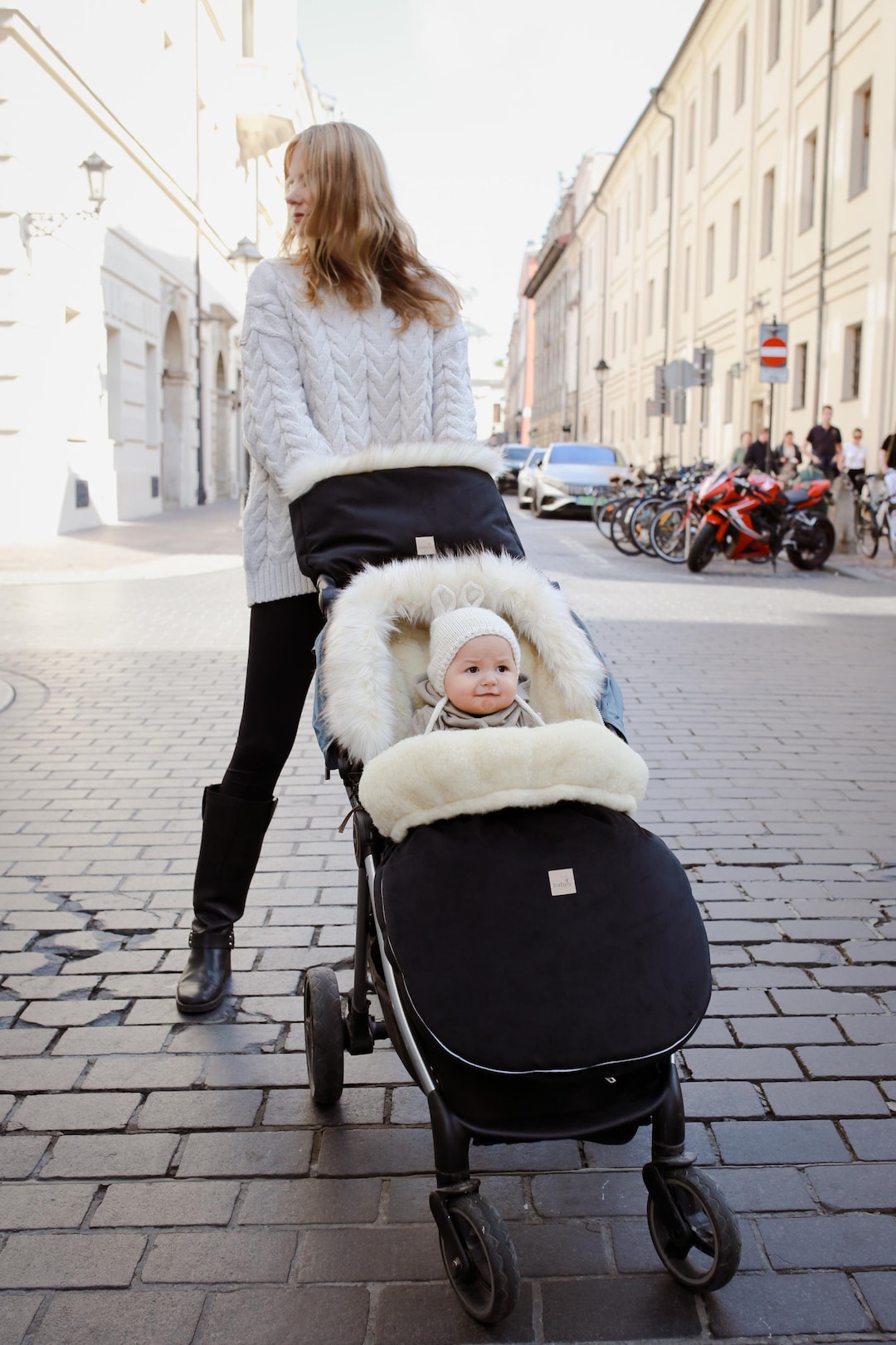 Pram Footmuff SHEEP WOOL Black, Velvet Stroller Footmuff