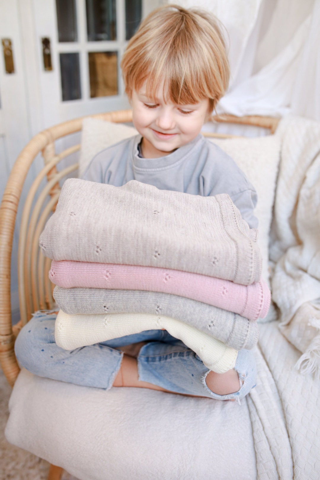 Merino Wool Baby Blanket 4 Colors, Knitted Baby Blanket, Natural