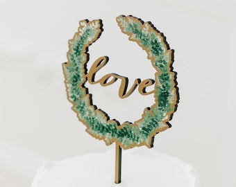 Love greenery wreath cake topper, natural wood cake topper, wedding cake topper, rustic wedding cake topper, greenery wedding cake topper