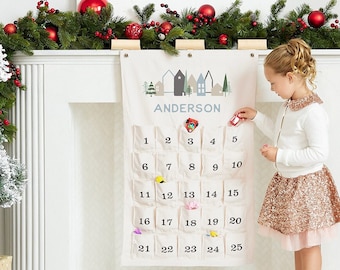 Custom Personalized Large Hanging Cloth Advent Calendar, Reusable advent calendar, Christmas countdown calendar, Family last name advent