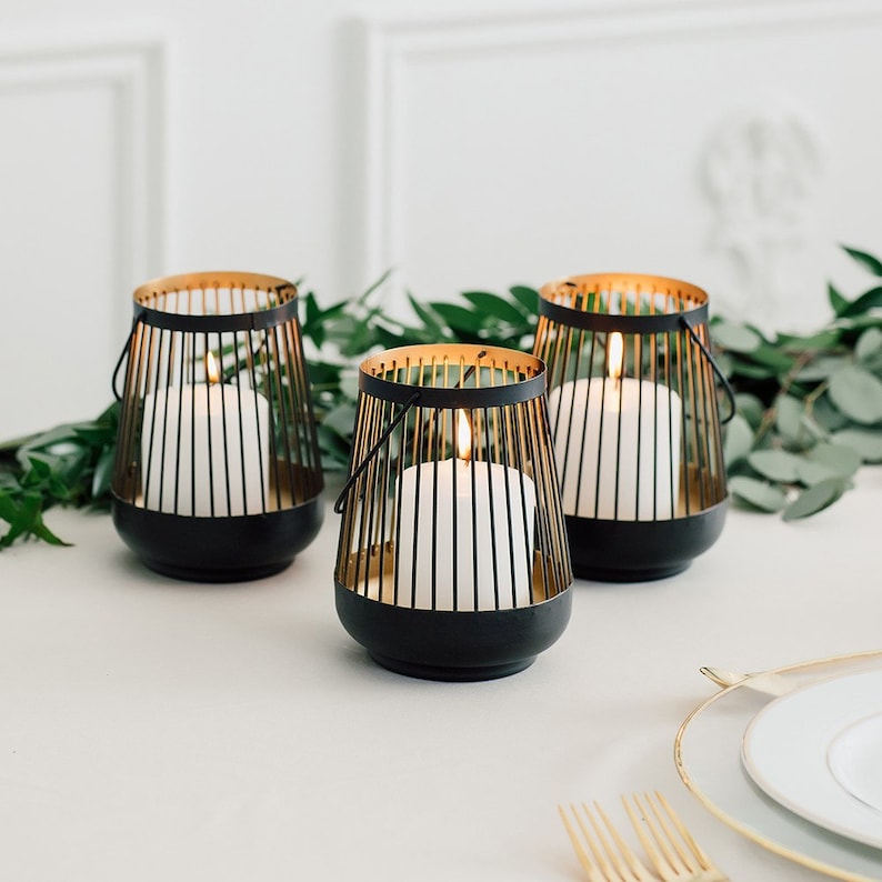 Tall Black & Gold Candle Holder Centerpiece, Black candle holder, black vase, modern wedding centerpiece,votive candle holder, wedding image 1