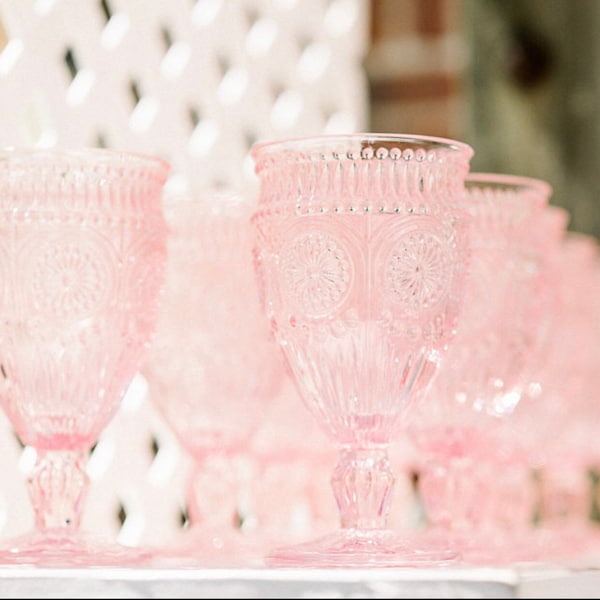 16 Vintage Style Pink Glass Goblet, Party Glasses, Pink cups, pink glasses, Vintage shower decor, vintage wedding, rustic wedding,