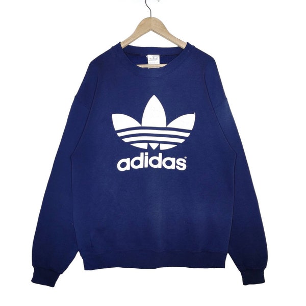 ¡¡Gran venta!! ¡¡Extraño!! Vintage 80s Adidas sudaderas Adidas trefoil cuello redondo Adidas gran logotipo condiciones muy desgastadas hechas en ropa de calle de EE.UU.