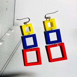 Orecchini quadrati primari geometrici acrilici // Accessorio // Pezzo di dichiarazione // Arte indossabile // Mod