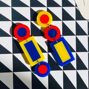 Acrylic Geometric Primary Colors Earrings // Artsy // Accessory // Statement Piece // Retro Inspired // Bold // Bauhaus // Asymmetric