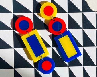 Acrylic Geometric Primary Colors Earrings // Artsy // Accessory // Statement Piece // Retro Inspired // Bold // Bauhaus // Asymmetric