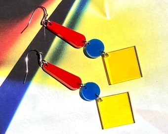Acrylic Geometric Diamond Tile Earrings // Statement Piece // Wearable Art // Modern // Artsy // Primary Colors // Bauhaus // Colorpop