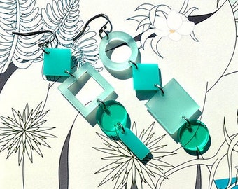 Acrylic Geometric Shades of Teal Earrings // Artsy // Accessory // Statement Piece // Post Modern // Retro Inspired // Clear // Bold