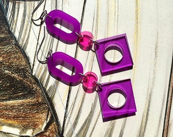 Acrylic Geometric Diamond Drop Earrings // Accessory // Statement Piece // Wearable Art // Mod // Artsy // Purple Aesthetic // Colorful