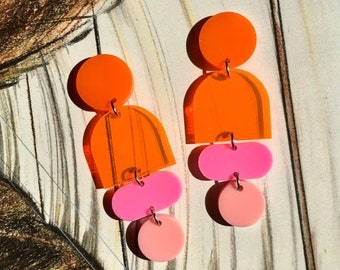 Acrylic Geometric Highlighter Orange Earrings // Artsy // Accessory // Statement Piece // Post Modern // Retro Inspired // Neon // Bold