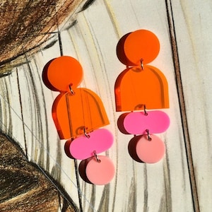 Acrylic Geometric Highlighter Orange Earrings // Artsy // Accessory // Statement Piece // Post Modern // Retro Inspired // Neon // Bold image 1