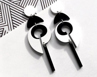 Acrylic Retro-Futurist Earrings // Contemporary //  Black & White // Wearable Art // Statement Piece // Fluid Design // Elegant Modernism