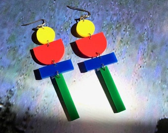 Acrylic Geometric Bauhaus Inspired Earrings// Accessory // Statement Piece // One of a Kind // Colorful // Modern // Artsy // Primary Colors