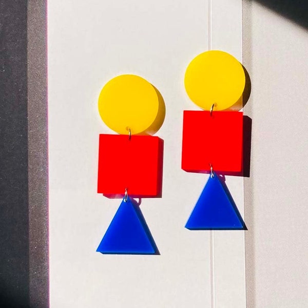 Acrylic Geometric Primary Bauhaus Inspired Earrings // Artsy // Accessory // Statement Piece // Post Modern // Retro Inspired // Bold