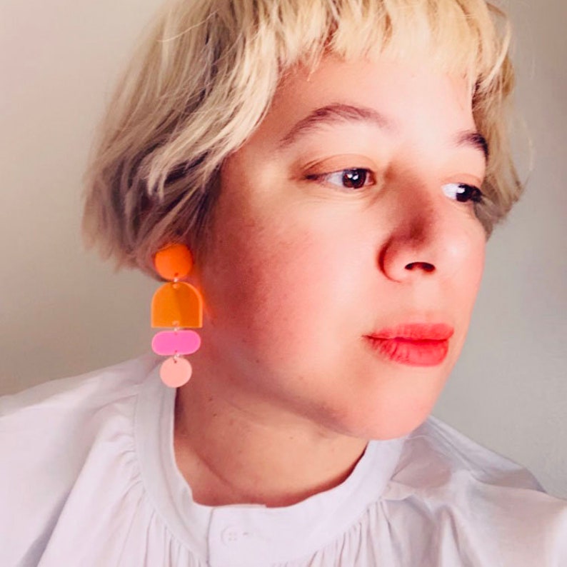 Acrylic Geometric Highlighter Orange Earrings // Artsy // Accessory // Statement Piece // Post Modern // Retro Inspired // Neon // Bold image 7