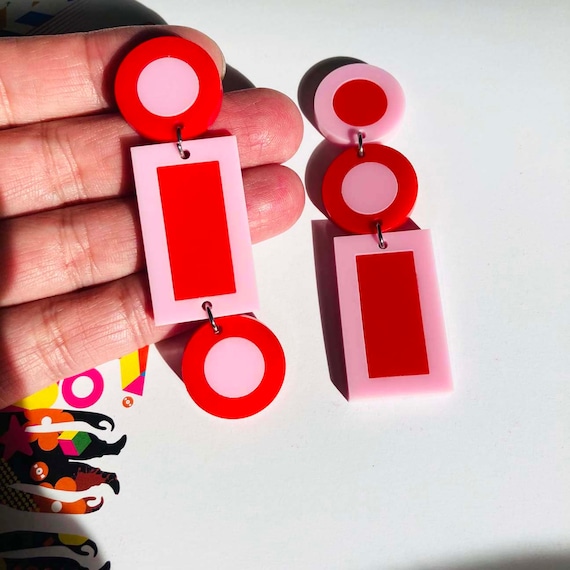Colorful Geometric Earrings, Red Acrylic Jewelry, Pink Plastic