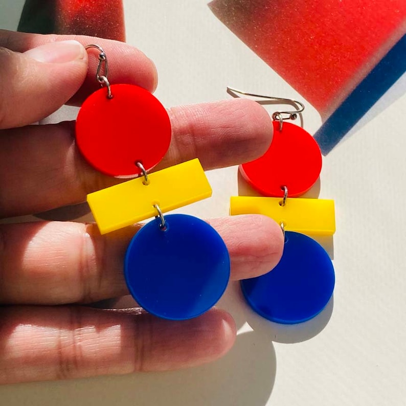 Acrylic Geometric Modern Earrings // Accessory // Statement Piece // Primary Colors // Abstract Art // Bauhaus // Artsy // Bold // Colorful image 2