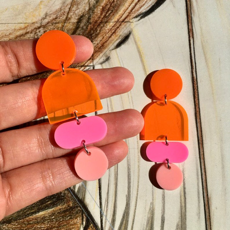 Acrylic Geometric Highlighter Orange Earrings // Artsy // Accessory // Statement Piece // Post Modern // Retro Inspired // Neon // Bold image 5