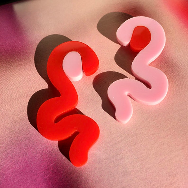Acrylic Geometric Squiggle Modern Earrings // Accessory // Statement Piece // Red & Pink // Abstract Art // Artsy // Bold // Graphic image 4