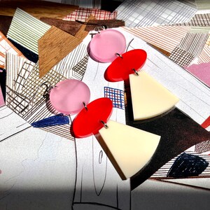Acrylic Geometric Post Modern Earrings // Artsy // Statement Piece // Wearable Art // Colorful // Playful Composition // Pink & Red