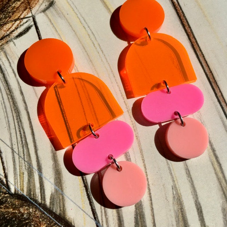 Acrylic Geometric Highlighter Orange Earrings // Artsy // Accessory // Statement Piece // Post Modern // Retro Inspired // Neon // Bold image 2