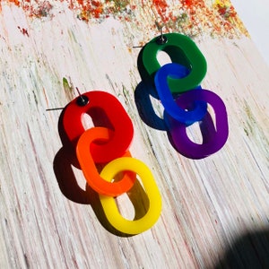 Acrylic Geometric Rainbow Chain Link Earrings // Artsy // Chains // Accessory // Statement Piece // Pride Earrings image 10