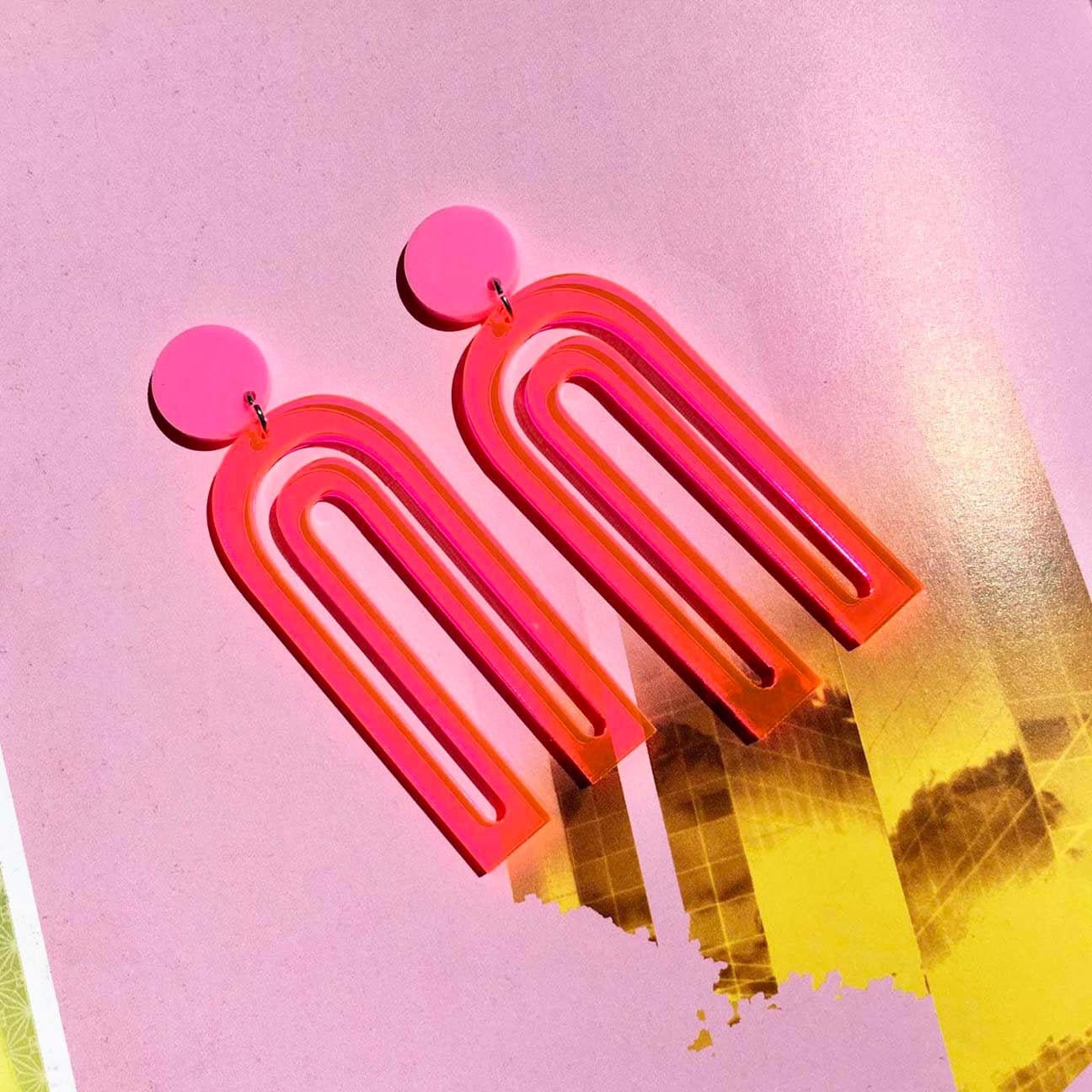 Acrylic Geometric U Shape Earrings // Retro // Artsy // Abstract // Statement Piece // Graphic Design // Highlighter Pink // Neon // Bold