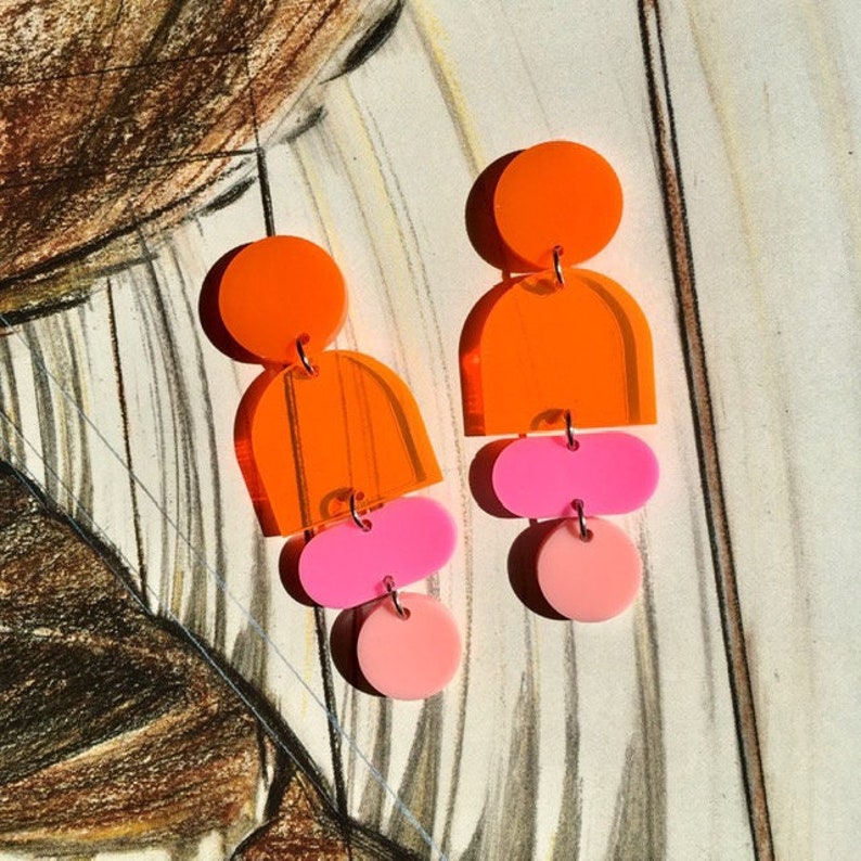 Acrylic Geometric Highlighter Orange Earrings // Artsy // Accessory // Statement Piece // Post Modern // Retro Inspired // Neon // Bold image 1