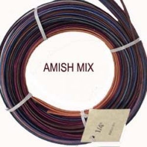 May include: A spool of multicolored leather cord, labeled "AMISH MIX". The cord is a mix of brown, red, blue, and purple shades.
