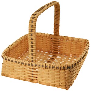 May include: A square woven basket with a brown handle. The basket is made of natural materials and has a light brown color.