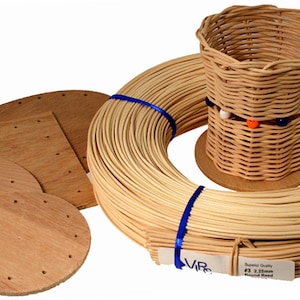 May include: A set of round and square wooden bases with holes, a roll of natural wicker reed, and a small woven basket with colorful beads.