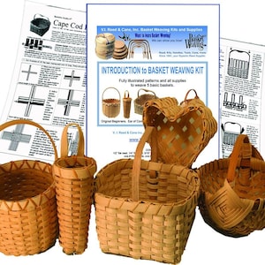 May include: A basket weaving kit with five different baskets, including a heart-shaped basket, a round basket, a square basket, and two smaller baskets. The kit includes instructions and all the supplies needed to weave the baskets. "Introduction to Basket Weaving Kit" and "Fully illustrated patterns and all supplies to weave 5 basic baskets." are printed on the front of the kit.
