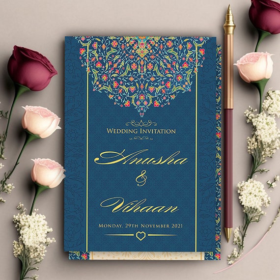 Islamic Wedding Invitations Muslim Wedding Cards Navy With Brown and Beige  Pattern Invites 