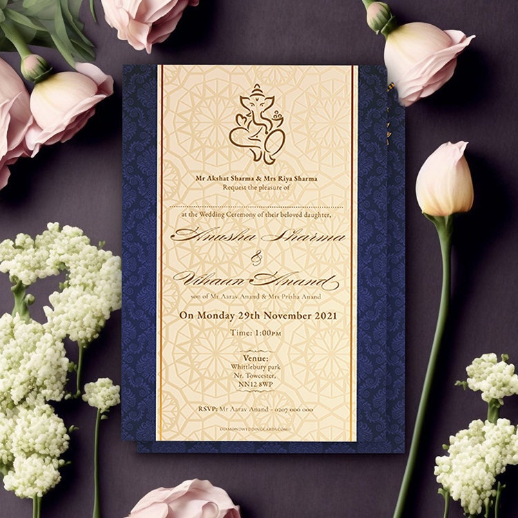Islamic Wedding Invitations Muslim Wedding Cards Navy With Brown and Beige  Pattern Invites 