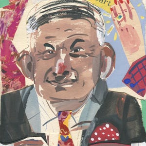 May include: A collage of a man with gray hair wearing a suit and tie. The man is smiling. The words "win her heart" are written on the image.