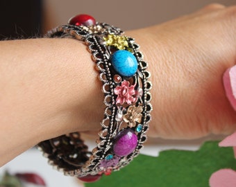 Vintage multi color bracelet  Bangle metal bracelet Boho Summer bracelets fake stone, Christmas Gift for her Mothers day gift