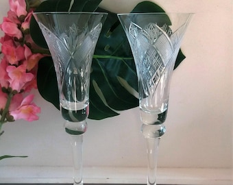 Vintage Cut Crystal Champagner Gläser Paar geätzt Stemware Blumenmuster
