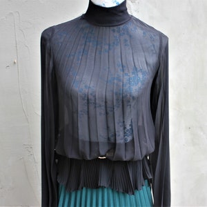Vintage Black Chiffon Women&#39;s Blouse, Pleated Gothic Big Sleeve Shirt, High Neck, Elegant Evening Top