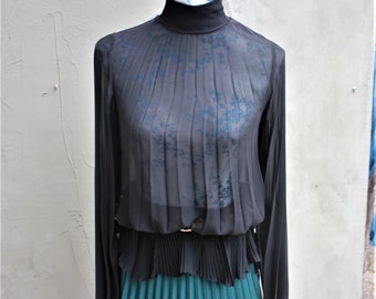 Vintage Black Chiffon Women's Blouse, Pleated Gothic Big Sleeve Shirt, High Neck, Elegant Evening Top