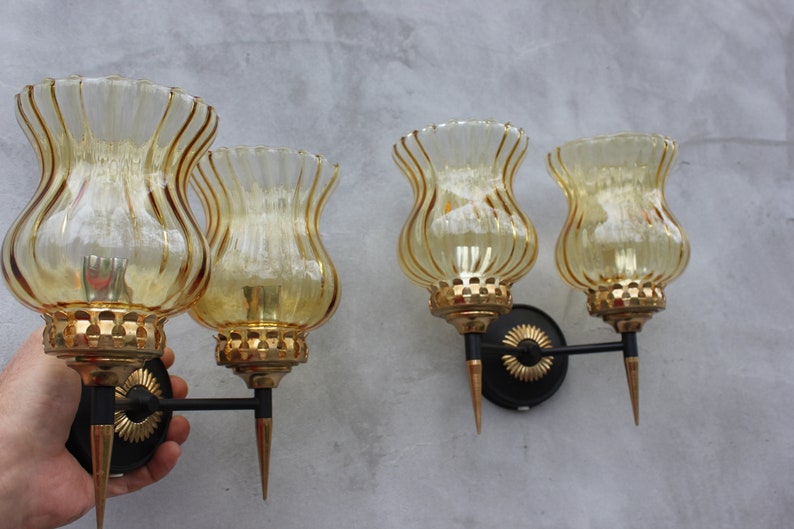 Vintage Set of Two Double Sconces Wall Lamps with Yellow Shades Mid century lighting