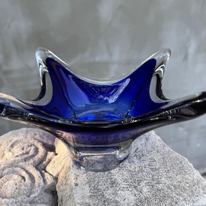 Vintage Cobalt Blue Murano Style Art Glass Bowl Mid Century Modern Centerpiece, Handblown Glass Decor, Retro Home Accent or Fruit Bowl