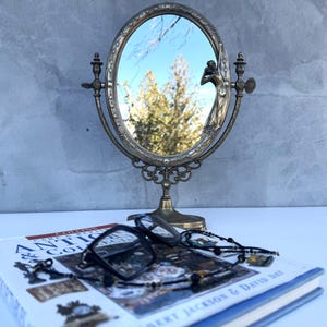 Vintage Art Nouveau Table Mirror, Ornate Brass Vanity Mirror with Elegant Lady Figure Italian  Adjustable Boudoir or Dressing Mirror