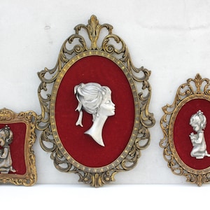 Set of Three Vintage Red Velvet Cameo in Italian Ornate Frames Art Deco, Wall Hanging  Baroque Decoration, Housewarming Gift