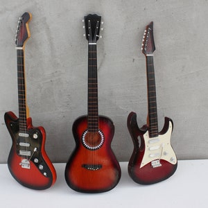 Three Miniature Guitars Replicas of Original Electric and Acoustic Guitars Collectible